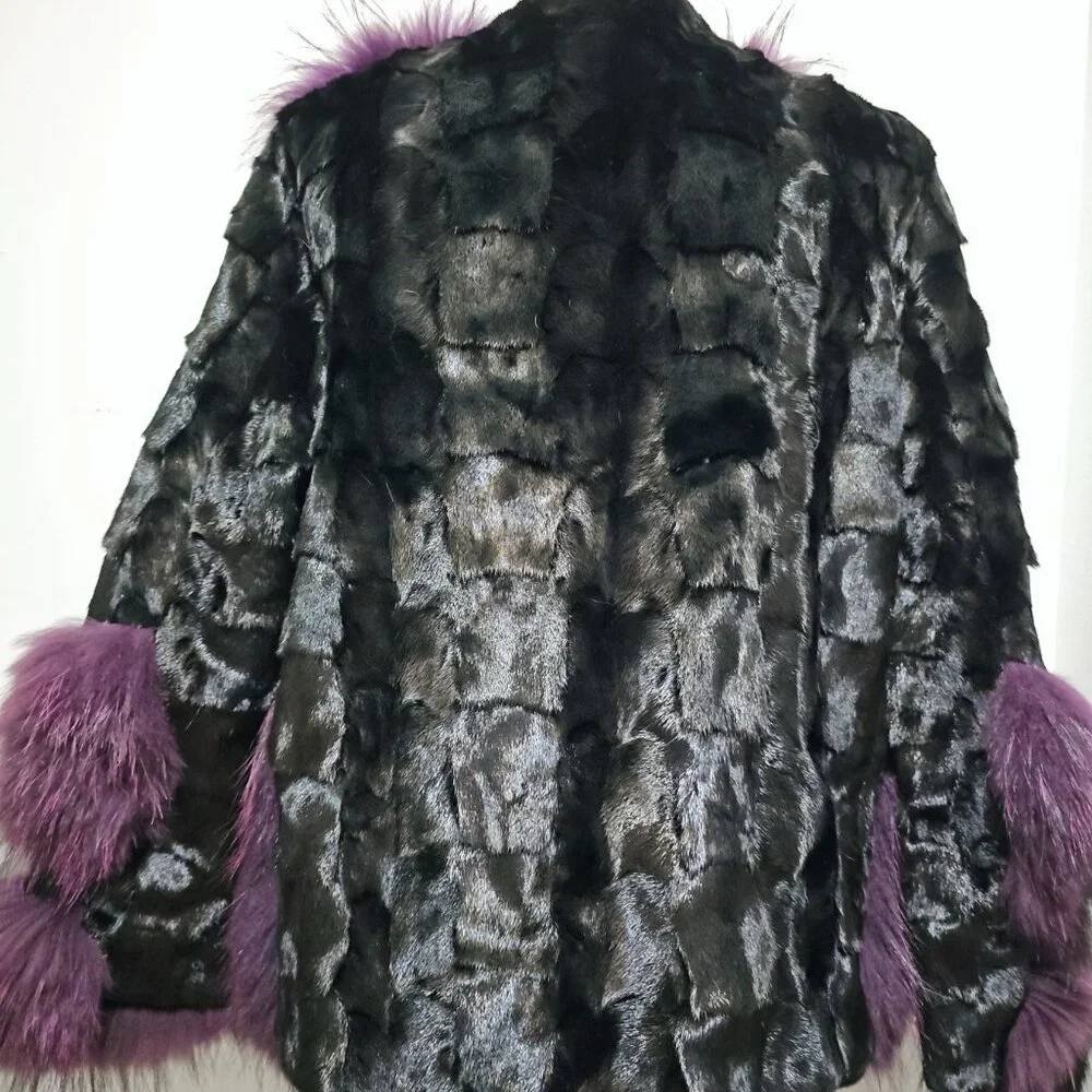 Genuine Sectioned Black Mink Fur Jacket Coat Purple Raccoon Collar Cuffs No Fox - Picture 4 of 6